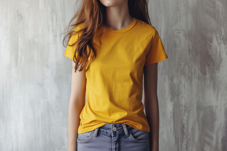 Woman In Yellow Tshirt On White Background, Mockupの素材