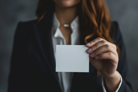 Mysterious Woman Holding Business Card On Dark Gray Backgroundの素材