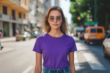 Woman In Purple Tshirt On The Street, Mockupの素材