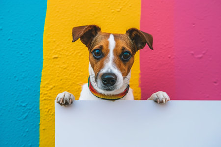 Dog Holding White Banner On Colorful Backgroundの素材