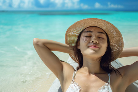 Radiant Asian Woman Blissfully Sunbathes On Caribbean Beach, Embracing Summer Relaxationの素材