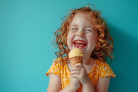 Cheerful Child Delights In A Yummy Ice Cream Treat Against A Blue Backgroundの素材