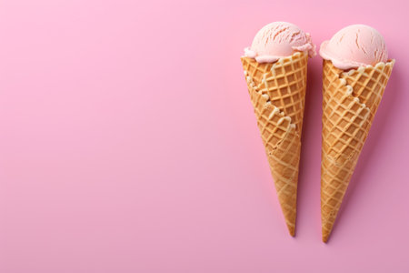 Delicious Ice Cream Waffle Cones Set Against Pastel Pink Backgroundの素材