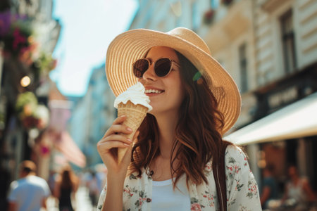 Woman In Straw Hat Enjoys Ice Cream While Exploring The Cityの素材