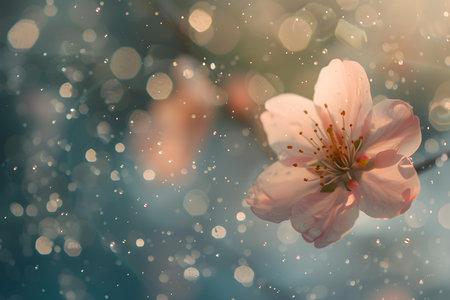 An Enchanting Spring Scene: An Anamorphic Video Showcasing the Delicate Beauty of a Blooming Flower Amidst a Playful Display of Bokeh and Particles. Concept Anamorphic Floral Videoの素材