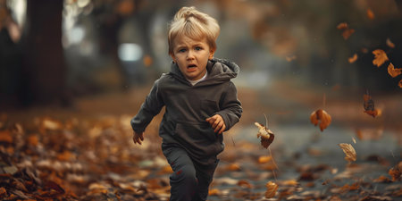 Crying little boy run. Concept Sad emotions, Running away, Childhood innocence, Emotional distressの素材