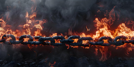 The Powerful and Destructive Symbolism of a Burning Steel Chain in Industrial Settings. Concept Urban Decay, Exploring Abandoned Spaces, Forgotten Beauty of Industrial Landscapesの素材
