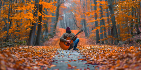 Passionate musician strums guitar amidst captivating fall foliage on forest trail. Concept Forest Musician, Fall Foliage, Guitar Strums, Captivating Trail, Passionate Melodiesの素材