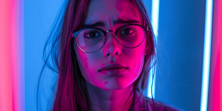 Closeup Shot of Emotional Girl with Glasses Crying Under Neon Lights. Concept Emotive Portraits, Neon Lights, Closeup Photography, Crying with Glasses, Emotional Girlの素材