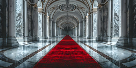 Majestic red carpet guides the way to royal thrones in a palace. Concept Palace entrances, Royal thrones, Red carpet, Majestic settingの素材