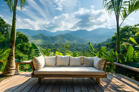 Scenic Wooden Deck with a Serene Outdoor Sofa amidst Natural Beauty. Concept Nature-inspired Elevated Deck, Tranquil Outdoor Retreat, Wooden Deck with Serene Views, Relaxing Outdoor Sofa Retreatの素材