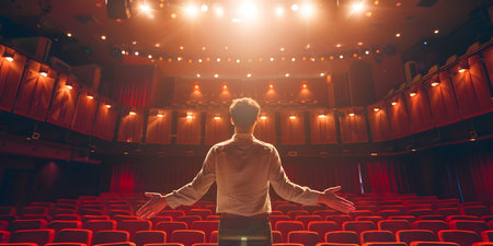 Selfobsessed man basking in adulation from a devoted audience on stage. Concept Egotistical Performer, Narcissistic Showman, Admiring Fans, Stage Spotlightの素材