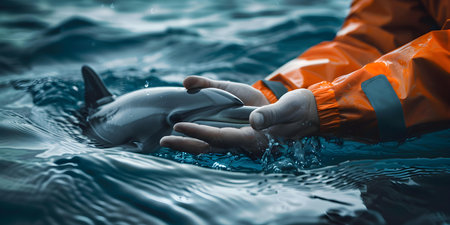 Rescuers show compassion towards dolphins trapped in distressing situations. Concept Marine Animal Rescue, Dolphin Rescue, Compassion in Action, Trapped Dolphin Relief, Saving Dolphins in Distressの素材