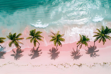 Inviting Tranquility: A Breathtaking Pink Sand Beach with Serene Palm Trees. Concept Pink Sand Beach, Serene Palm Trees, Relaxation, Tranquility, Breathtaking Viewsの素材