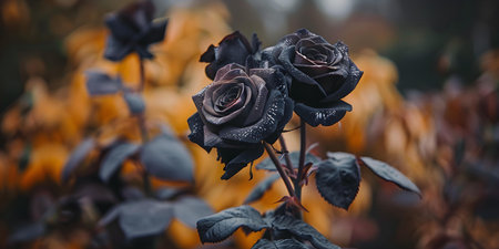 The Enchanting Allure of Stunning Black Roses in Full Bloom. Concept Mysterious Beauty, Unique Rarity, Dark Elegance, Symbol of Romance, Intriguing Contrastsの素材