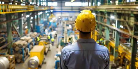 Surveying a bustling factory floor: Worker wears a protective helmet. Concept Factory Safety, Protective Gear, Industrial Work, Manufacturing Processの素材