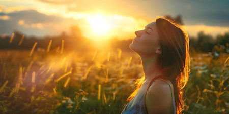 Woman peacefully enjoying the beauty of a grass field at sunset. Concept Nature's Tranquility, Golden Hour Bliss, Serene Solitudeの素材