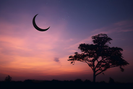 A crescent moon in the twilight sky after sunset. Concept Twilight Photography, Celestial Beauty, Night Sky Inspirationの素材