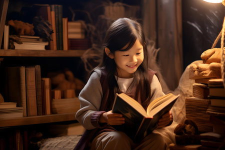 A delighted Asian girl engrossed in reading surrounded by bookshelves in her home. Concept Reading, Leisure, Books, Asian Lifestyle, Home Decorの素材