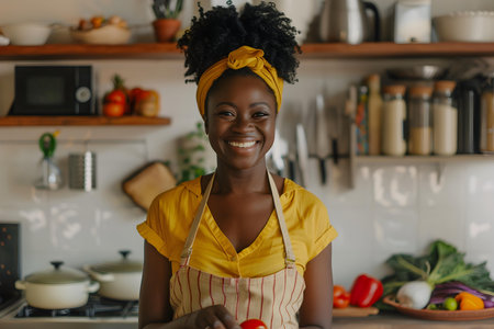 Cheerful black woman joyfully preparing nutritious meals by chopping vegetables in kitchen. Concept Cooking, Kitchen, Healthy Eating, Black Woman, Meal Preparationの素材
