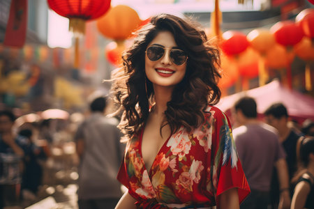 An Asian woman in a kimono embraces the joy of a street festival and its delectable street food. Concept Street Festivals, Asian Culture, Kimono Fashion, Street Food Delights, Joyful Celebrationsの素材