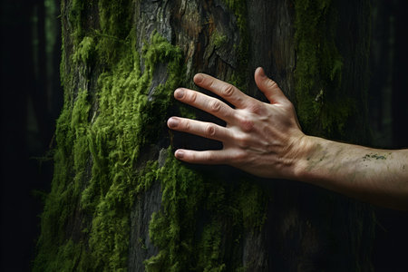 Hand exploring the texture of a mosscovered tree trunk in the forest. Concept Nature Photography, Textures, Forest Exploration, Outdoor Adventures, Close-up Shotsの素材