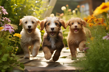 Exploring a beautiful outdoor garden setting with adorable mixed breed puppies. Concept Garden Photoshoot, Mixed Breed Puppies, Outdoor Setting, Nature Background, Playful Posesの素材