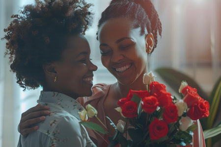 Emotional Mother's Day Surprise: Daughter's Heartfelt Gift Brings Joy. Concept Mother's Day Celebrations, Heartfelt Gifts, Family Love, Emotional Surprisesの素材