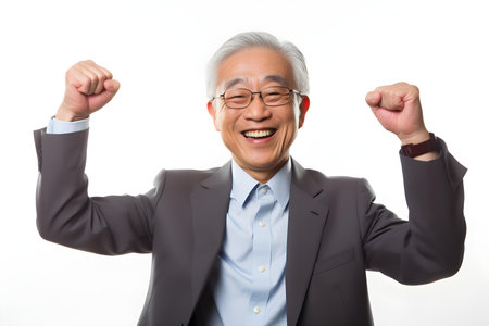 Senior Asian executive exudes confidence and happiness in a professional portrait on white background. Concept Professional Portrait, Asian Executive, Confidence, Happiness, White Backgroundの素材