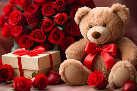 Adorable teddy bear wearing a bow among romantic red roses. Concept Stuffed Animals, Romantic Flowers, Teddy Bear, Valentines Day, Bow Accessoriesの素材