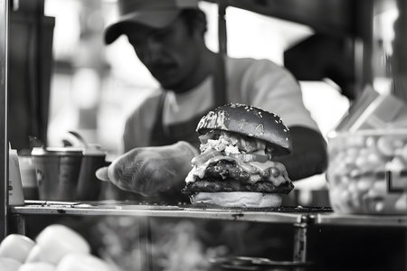 Street food vendor serves a mouthwatering cheesesmothered burger at lightning speed. Concept Fast food, Cheesy Burger, Street Vendor, Mouthwatering, Lightning Speedの素材