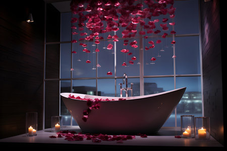 Creating a Romantic Atmosphere with Rose Petals in a High-Tech Bathroom Setting. Concept Romantic Atmosphere, Rose Petals, High-Tech Bathroom, Sensory Experience, Relaxation Retreatの素材