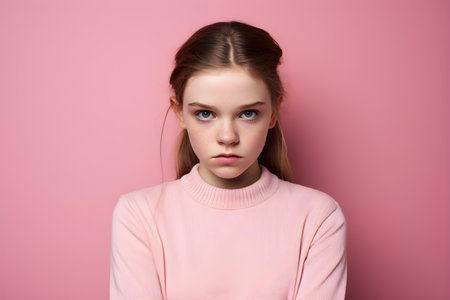 Portrait of a young girl looking upset against a plain pink background. Concept girl, upset, portrait, pink background, emotionの素材