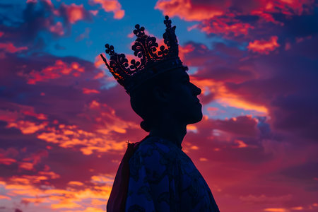 Majestic king adorned with a crown, standing amidst a radiant sunset scenery. Concept Majestic King, Crowned Royalty, Radiant Sunset, Scenic Beautyの素材