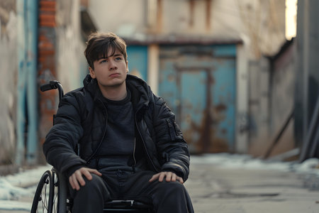 A confident young man sitting in a wheelchair symbolizing resilience and strength. Concept Portrait Photography, Disability Awareness, Strength and Resilience, Confidence and Positivityの素材