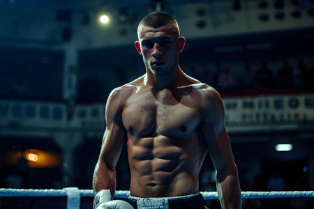 A confident muscular boxer in white gloves prepares to enter the ring. Concept Boxing, Athleticism, Confidence, Sportsmanship, Preparationの素材