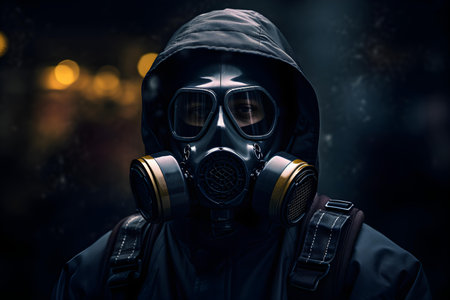 A person wearing a gas mask for protection. Concept Post-Apocalyptic Fashion, Gas Mask Portraits, Dystopian Photographyの素材