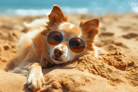 A fashionable canine relaxing on a sunny beach, soaking up the summer atmosphere. Concept Pets, Beach, Fashion, Summer, Relaxationの素材