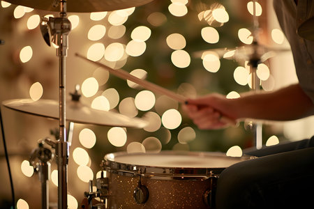 A person passionately playing the drums their hands in focus surrounded by captivating bokeh lights in a band studio. Concept Music, Drums, Bokeh Lights, Performance, Band Studioの素材