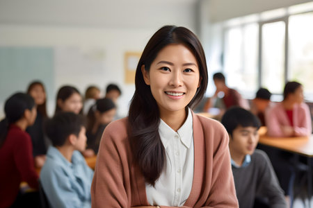 Asian teacher in classroom with students during break, background blurred. Concept Asian Teacher, Classroom Break, Blurred Background, Student Interactionの素材