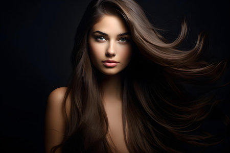 Brunette girl with beautiful long healthy hair. Concept Brunette Haircare, Long Hairstyles, Healthy Hair Tips, Styling Inspiration, Natural Beautyの素材