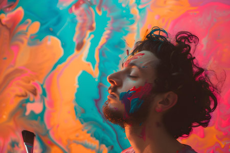 An aspiring artist painting on a colorful canvas with brush and paint. Concept Art, Painting, Artist, Canvas, Colorfulの素材