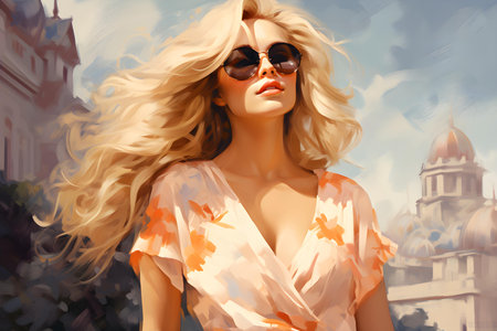 Chic girl with long blond hair in summer dress. Concept Fashion Style, Blonde Hair, Summer Outfit, Expressive Poses, Elegant Lookの素材