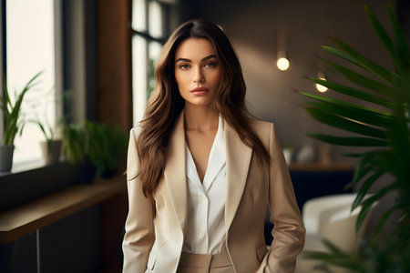 Brunette woman in beige suit office style. Concept Neutral Tones, Professional Attire, Business Casual, Chic Outfit, Fashion Inspirationの素材