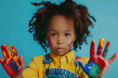 Child with colorful hands on studio background gazing playfully at camera. Concept Child Photography, Colorful Props, Studio Background, Playful Poses, Joyful Expressionの素材