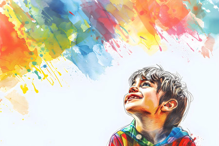 Colorful ink sketch of joyful young boy with copy space artistic style. Concept Color, Ink Sketch, Joyful, Young Boy, Copy Space, Artistic Styleの素材