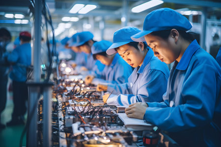 Busy Asian workers assembling smartphones in hightech factory surrounded by machinery. Concept Asian Workers, High-Tech Factory, Smartphone Assembly, Machinery, Busy Environmentの素材