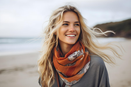 Content woman enjoying the beach while wearing a scarf. Concept Beach, Scarf, Relaxing, Happiness, Serenityの素材
