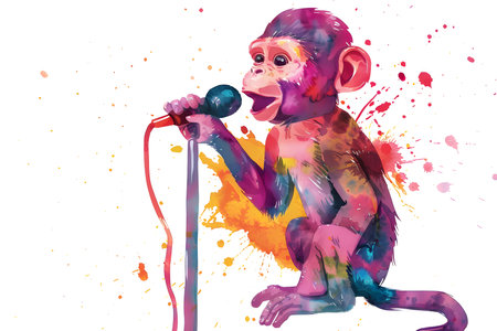 Colorful cartoon monkey with mic against white backdrop in watercolor style. Concept Cartoon Monkey, White Backdrop, Watercolor Style, Colorful, Micの素材