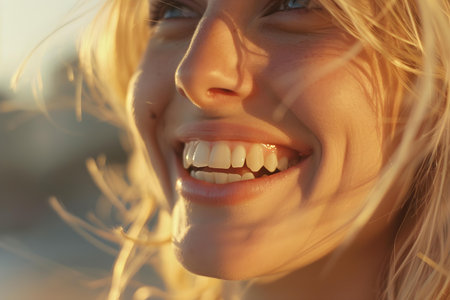 Portrait of a Smiling Blonde Woman with Perfect Teeth Perfect for Dental Advertisement with Urban Nature Background. Concept Dental Advertisement, Smiling Woman, Perfect Teeth, Urban Nature, Portraitの素材